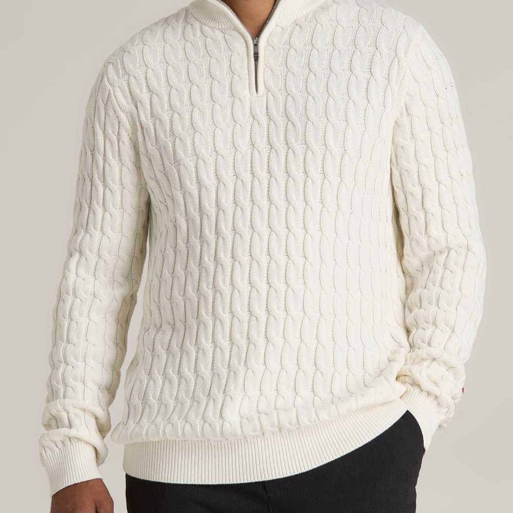 American Tall Cable Knit Half Zip Sweater for Tall Men in Ivory White